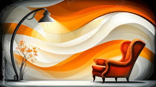Modern Abstract Interior Design with Orange Armchair and Lamp Illustration