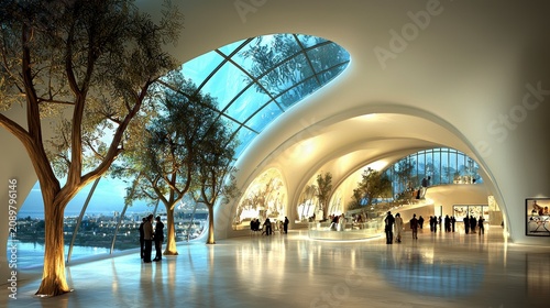 Futuristic Biophilic Architecture Interior with Curved Walls and Indoor Trees