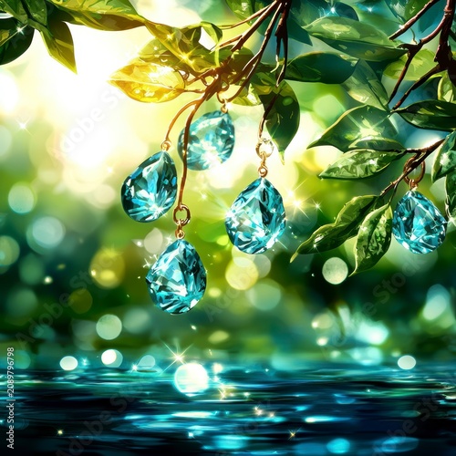 Magical Forest Scene with Sparkling Teal Gemstones and Water