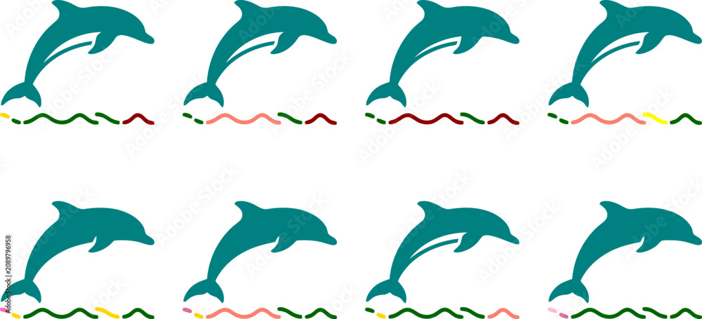 Obraz premium Jumping Dolphin Silhouette Pattern Vector Illustration for Marine Conservation Posters, Aquatic Branding & Summer Vacation Graphic Design (EPS)