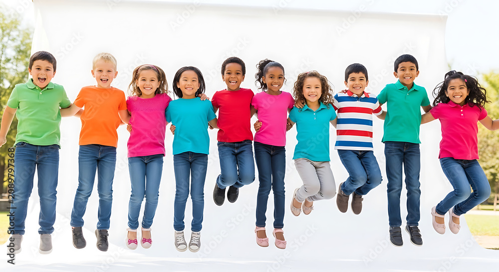 Obraz premium Group of diverse happy children jumping together on white background