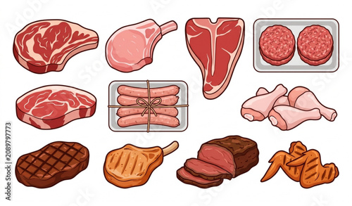 Photos Raw Beef Pork Steak and Burger Patty Flat Vector Collection