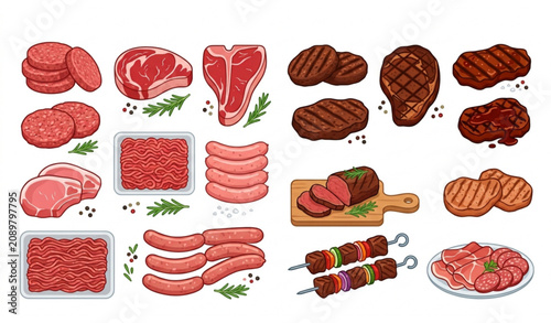 Bild auf Leinwand Fresh and Grilled Meat Flat Vector Set for Butcher Shop and Restaurant
