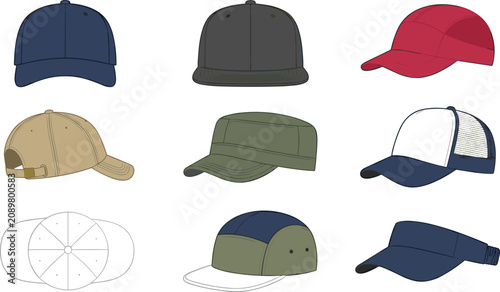 Photos Men Baseball Cap and Hat Vector Icon Set Featuring Classic Snapback Trucker Cade