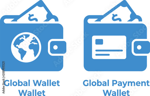 Global payment wallet icons with world globe credit card and dollar bill cash