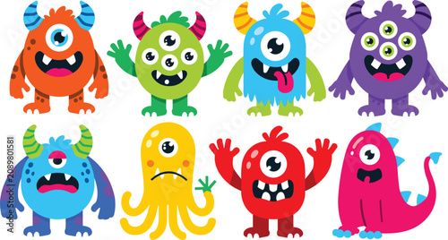Cute and colorful alien monster characters vector set collection for kids birthday party invitations or greeting cards