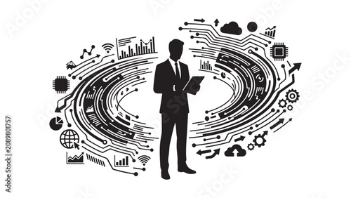 Businessman Silhouette with Digital Technology and Data Visualization