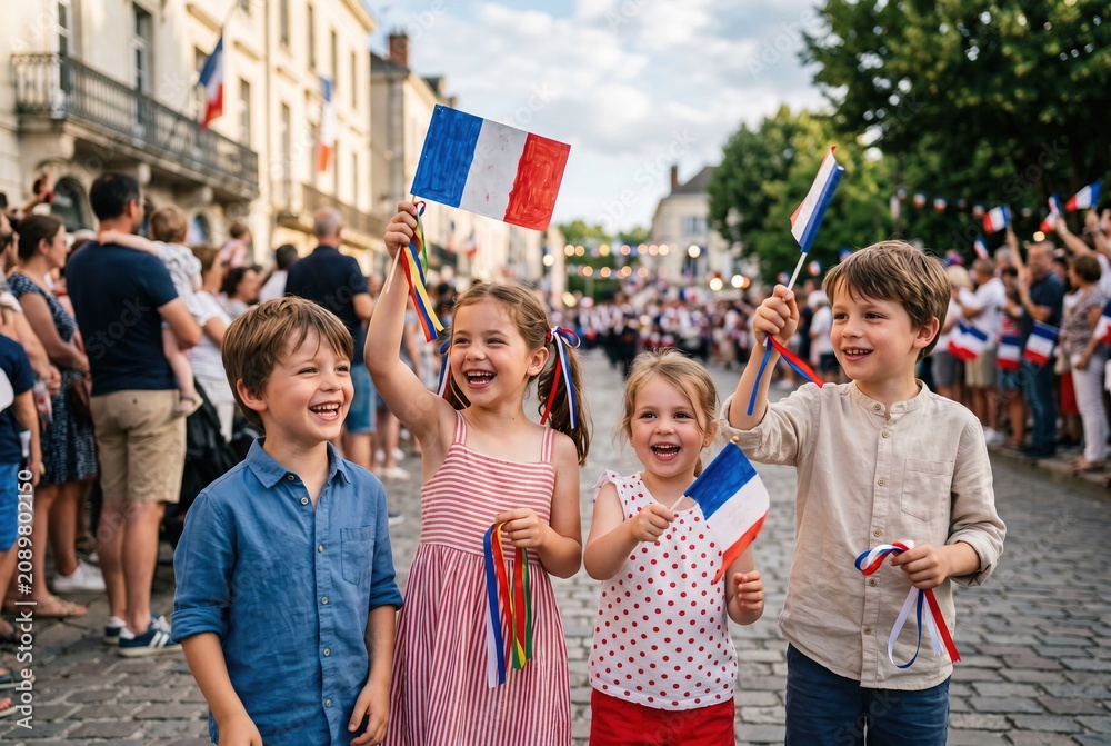 Fototapeta premium Cheerful spirits soar as children wave tricolor flags on France National Day