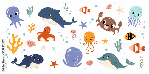 Canvas Print Cartoon Style Sea Creatures Collection With Colorful Illustrations