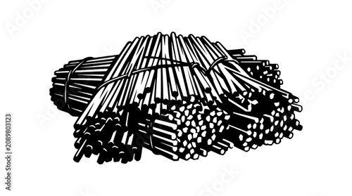 Bundle of wooden sticks or metal rods black and white vector illustration