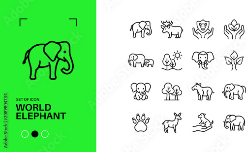 World Elephant Day Line Icon Set Wildlife Conservation Nature Editable Stroke Vector