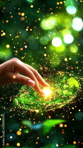 Hand Touching Luminous Green Digital Network Connection in Nature