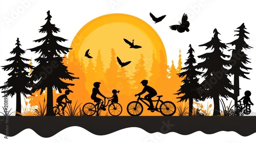 Family Cycling Sunset Silhouette Illustration with Forest Landscape