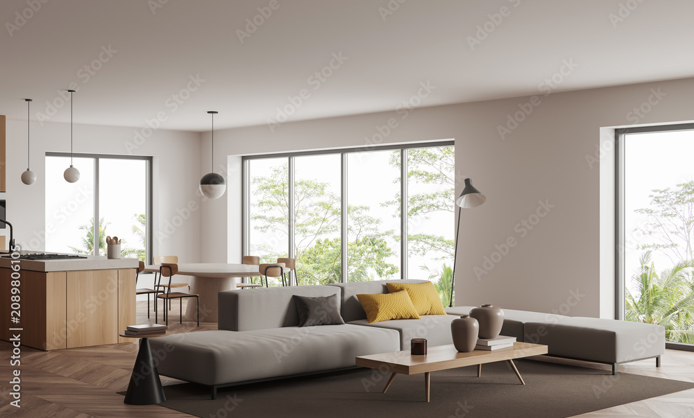 Fototapeta premium Bright modern interior design living room with minimalist furniture in smooth realistic style on a soft neutral background, concept of comfort, 3D Rendering