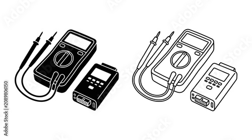 Obraz na płótnie Digital Multimeters With Probes Black And White Line Art