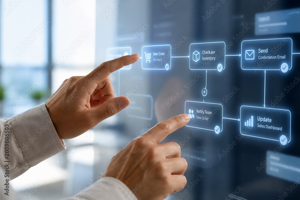 Obraz premium Hands touching translucent screen with glowing automated business flowchart