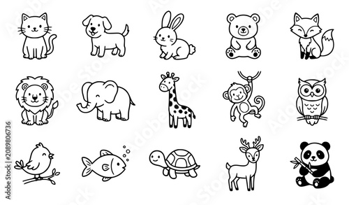 Photography Cute Cartoon Animal Doodle Collection – Hand Drawn Outline Vector Icon Set for K