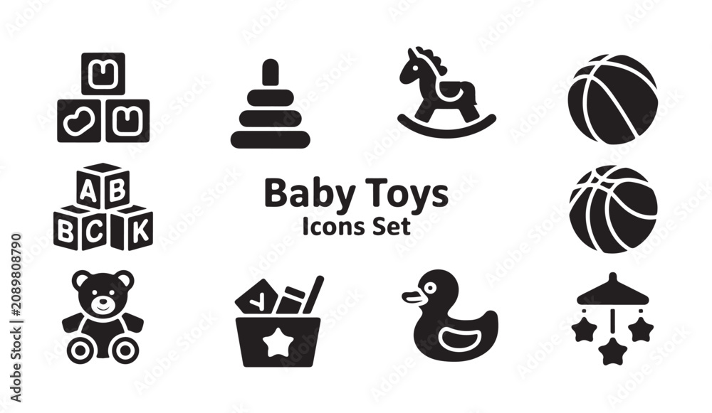 Obraz premium Baby toys icons set featuring teddy bear rocking horse blocks and duck in flat black style.