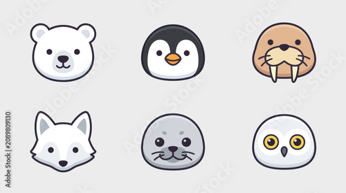 Fényképezés Cute arctic animal faces icon set