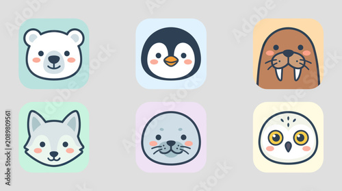 Cute arctic animal icons set