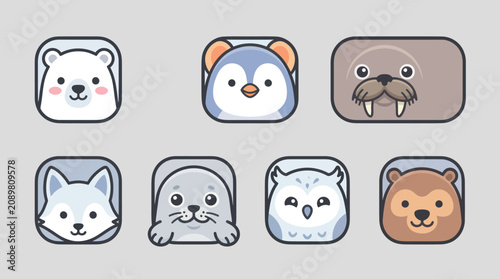 Cute arctic animal icons set