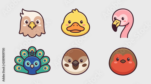 Cute avian character faces set