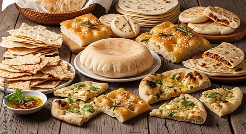 A variety of flatbreads and savory pastries on a wooden table