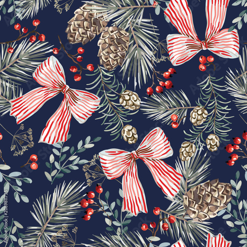 Christmas seamless pattern, pine cones, twigs, red berries, striped bows, dark blue background. Vector illustration. Nature design. Season greeting. Winter xmas holidays