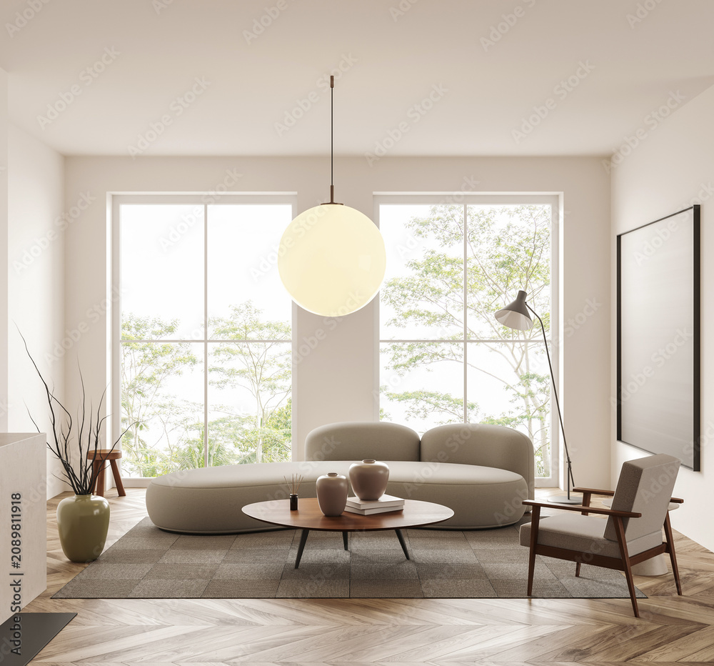 Fototapeta premium Minimalist interior design living room with modern furniture shown in soft style on a bright windowed background, concept of calm elegance, 3D Rendering