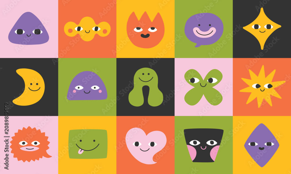 Fototapeta premium Geometric abstract comic faces with different emotions. Cute doodle faces, head, abstract smiling emoji, userpic. Funny faces for business team avatar. Circle, flower, heart, square banners.