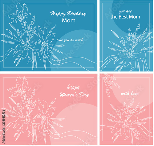 Greeting card with hand-line flowers, vector illustration. Happy Birthday Mom. Womens day. Mother day. Floral botanical template with a place for text for banner, label, poster, packaging
