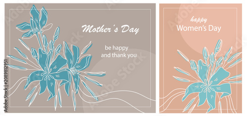 Set of Floral Posters for women. Flower design Mother's Day. Greeting Cards. Women's Day background templates with floral hand-line.