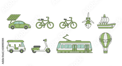 Sustainable travel icons featuring solar and electric powered vehicles.
