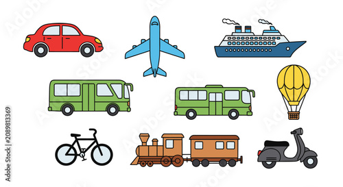 Colorful transport vehicle icons set including car plane and ship.