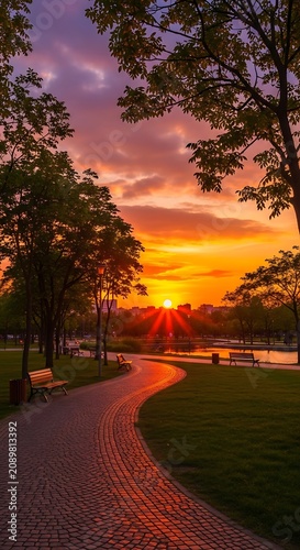 A serene park pathway curves under a vibrant sunset with trees and a body of water