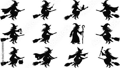 Photos Collection of twelve black silhouettes of witches flying on broomsticks in vario