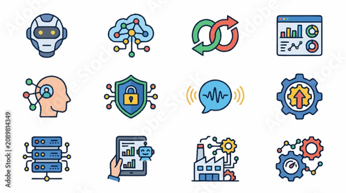 Colorful technology and business icons set illustration.