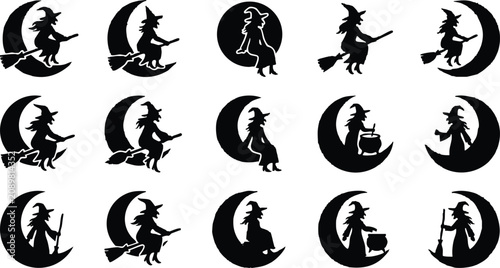 Obraz na płótnie Set of black silhouettes of witches sitting or flying on a crescent moon with br