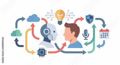 Artificial intelligence and human collaboration concept illustration.
