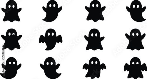 Foto Set of twelve black ghost silhouettes with various expressions and shapes isolat