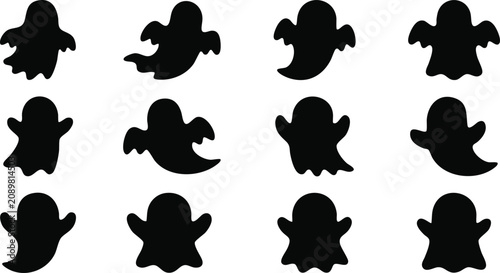 Canvas Print Twelve black ghost silhouettes in various poses and shapes isolated on a white b