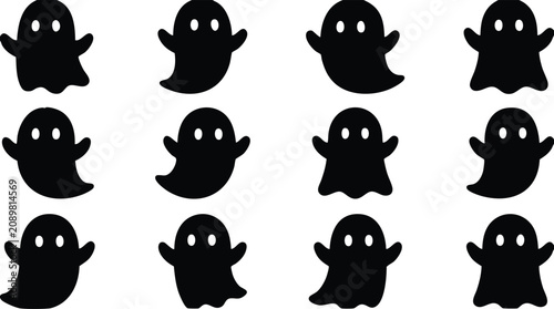 Obraz na plátně Twelve simple black ghost silhouettes with round eyes and various poses isolated