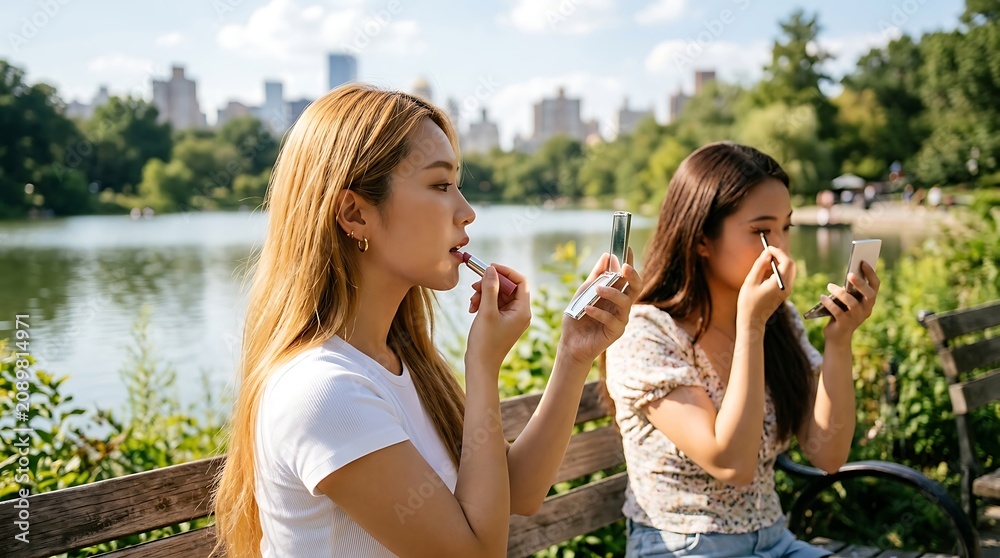 Fototapeta premium Two young women applying makeup while sitting on a park bench by a lake in summer