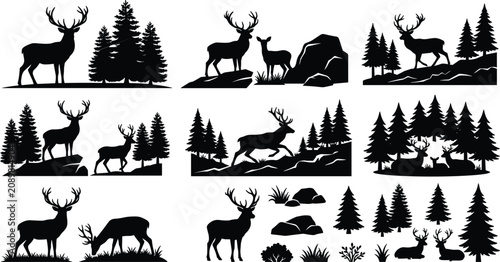 Canvastavla Deer Silhouette Forest Landscape Bundle with Stag Buck Pine Trees and Mountain R