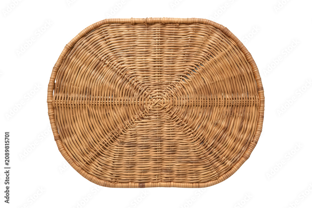 Obraz premium Wicker rattan weaving texture on oval basket or tray, natural organic handmade material, top view with transparent background
