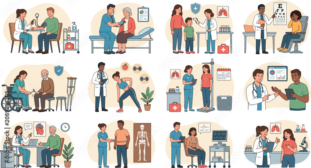 Fototapeta premium Healthcare And Medical Consultation Vector Illustration Collection Featuring Doctor Patient Diagnosis Treatment Rehabilitation And Clinical Care