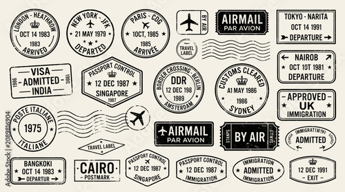 Vector of travel stamps from global cities like Tokyo, Paris, and Sydney.