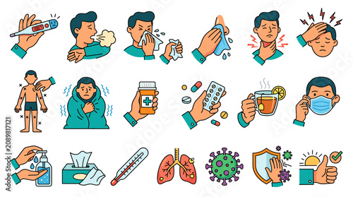 Quadro su tela A set of line icons with flu and cold symptoms, including high temperature, coughing, runny nose, headache, sore throat, and body aches