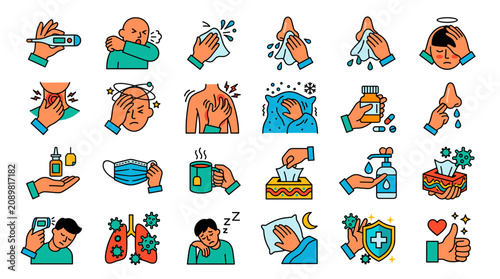 A set of line icons with flu and cold symptoms, including high temperature, coughing, runny nose, headache, sore throat, and body aches.