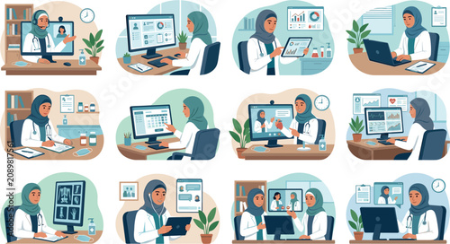 Telemedicine And Digital Healthcare Vector Illustration Collection Featuring Online Doctor Consultation Remote Patient Monitoring And Medical Technology
